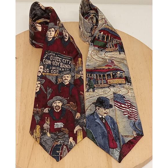 Set Of 2 Tango Americana Series Ties Men's Cowboy Band1886 Trolley Cars 1891 - Picture 1 of 5